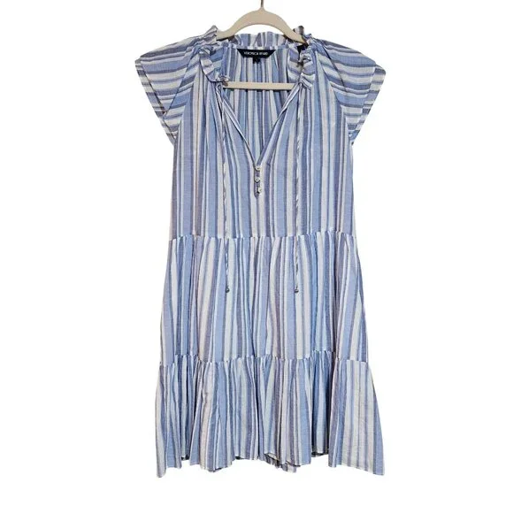 Trendy Easter Spring Veronica Beard Zee Blue White Striped Dress Tiered Ruffle S - Picture 5 of 16